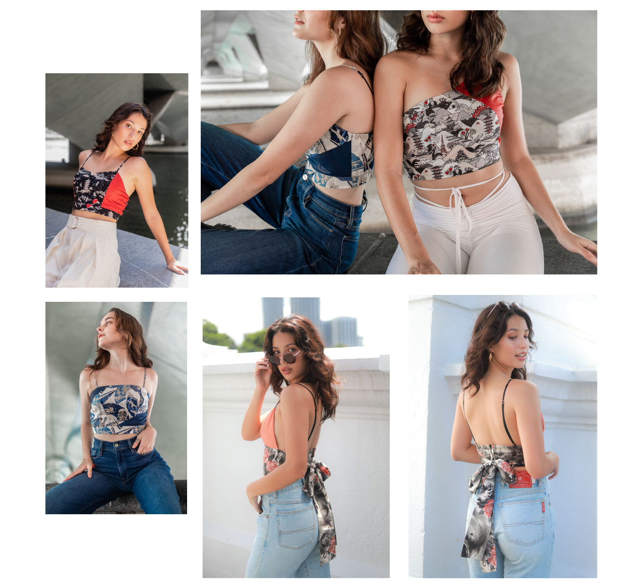A gallery of images featuring models wearing the bralettes and crop tops from FLAIR® By Tori.